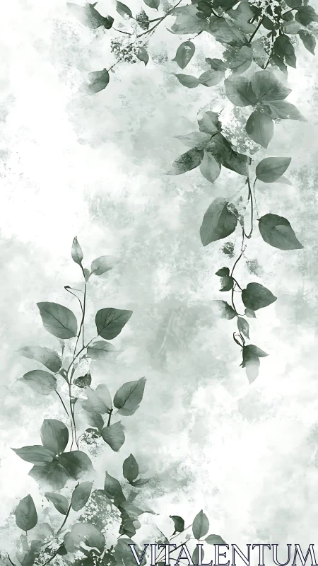 Trailing watercolor vines quietly climb through pale mist