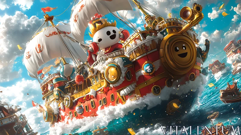 Ornate panda-commanded skyfaring galleon in dynamic ascent.