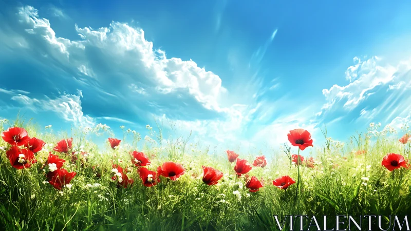 Sunlit poppy meadow under a wide open summer sky.