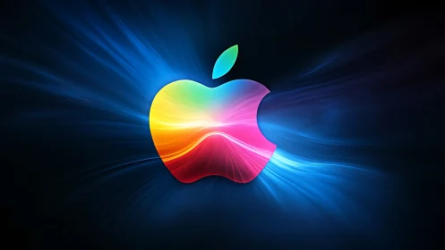 Multicolor apple emblem with radiant blue motion streaks.