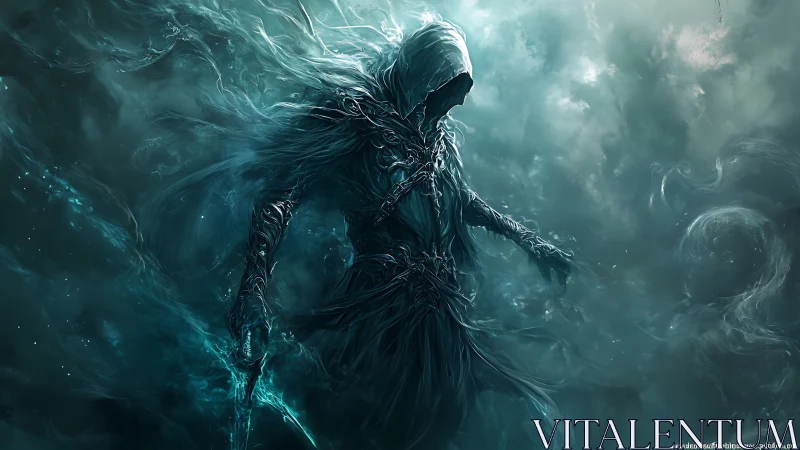 Hooded wraith strides through stormy teal mist in silence