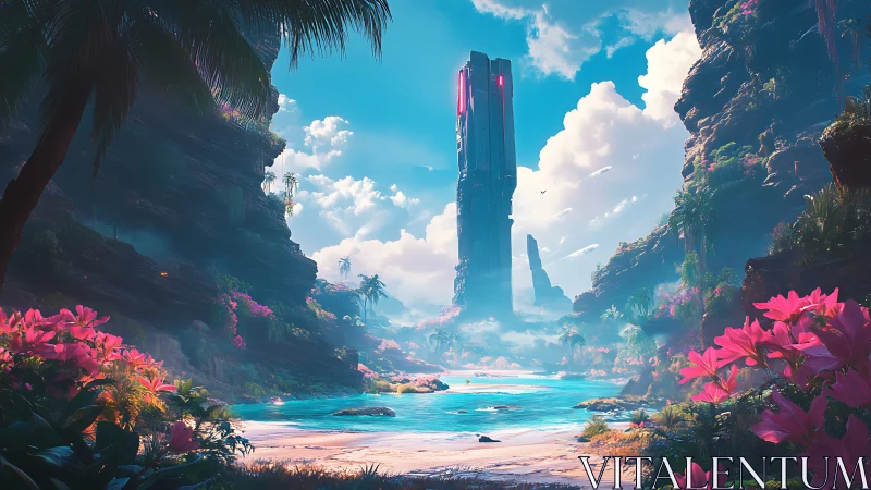 Cyberpunk Paradise: Towering Spire Over Bioluminescent Lagoon