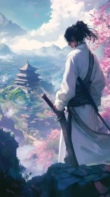 Samurai overlooking misty valley temple in luminous spring light