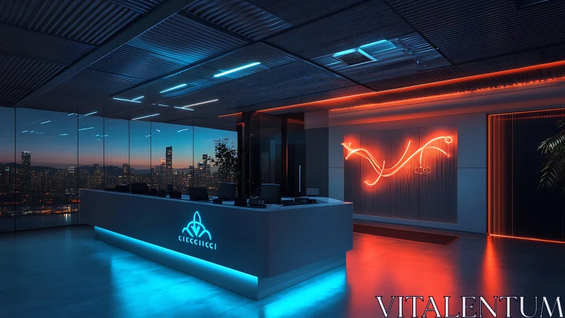 Futuristic office lobby with neon cyan and orange lighting scheme.