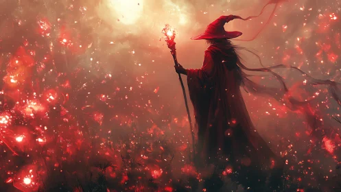 Crimson witch walks through emberlit fog toward a rising spell