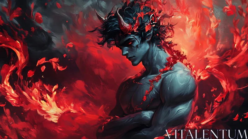 Brooding blue-skinned male figure wreathed in red flames.