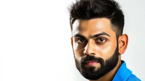 Close-cropped portrait shows young bearded man in blue shirt