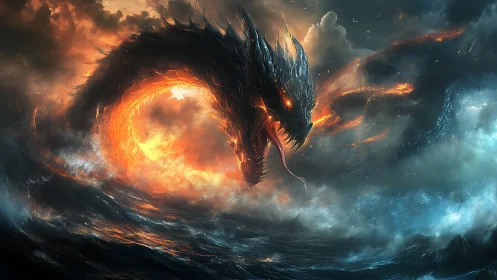 Elemental sea dragon arc in high-contrast fantasy digital painting.