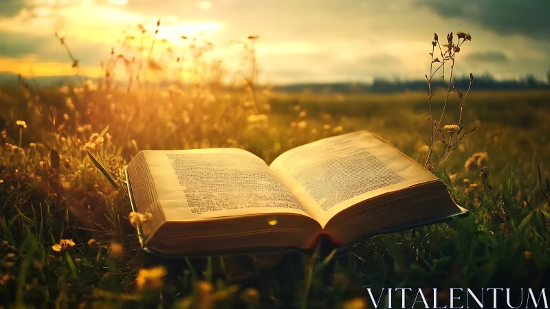 Sunlit open book in golden meadow at glowing sunset.