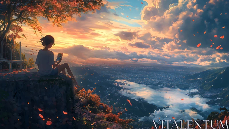 Silhouetted figure reads above valley at structured sunset