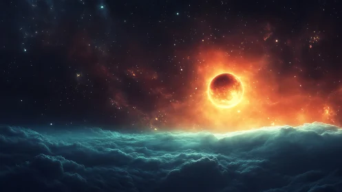 Glowing cosmic sunrise above dreamy rolling cloud seas.