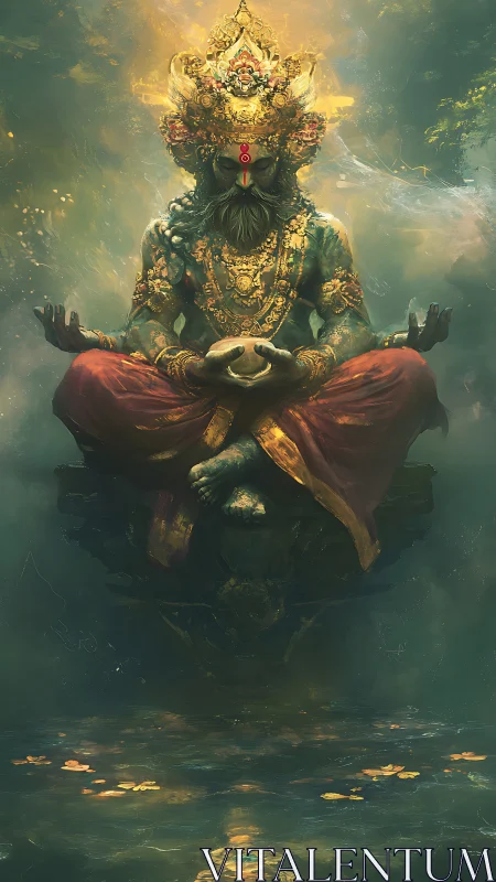 Mystic gold-crowned deity levitates above reflective water