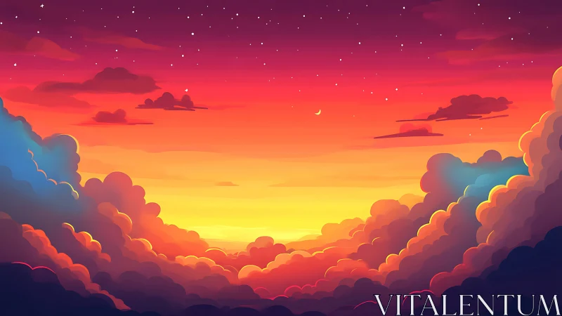 Vibrant digital sunset sky with glowing clouds and stars.