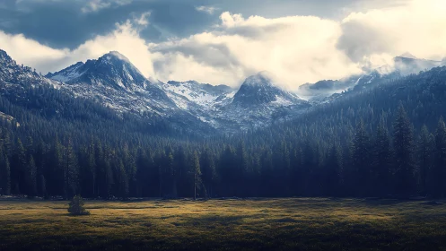 Snowy mountain peaks rise above a misty forest valley.