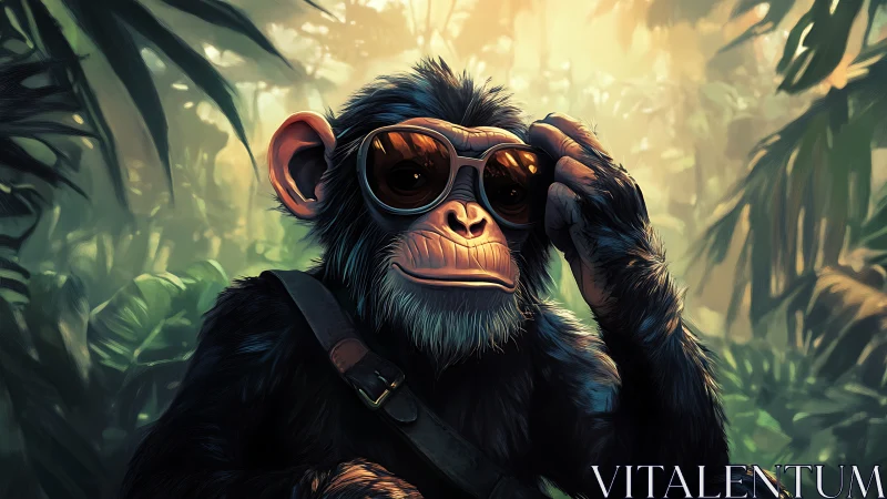 Digital painting of stylish chimp in cinematic jungle light.