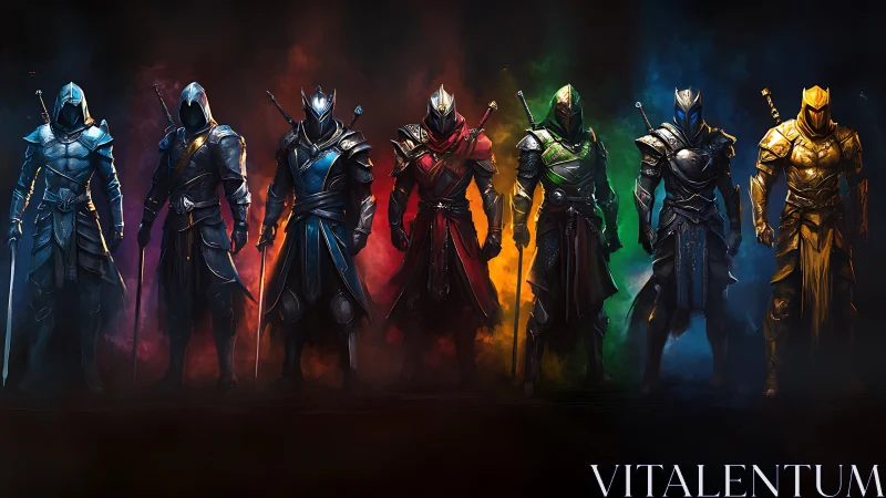 Seven armored warriors stand aligned against colored smoke