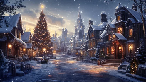 Snowy village street under glowing Christmas tree lights.