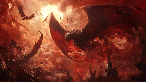 Apocalyptic dragon silhouette engulfs a burning crimson sky