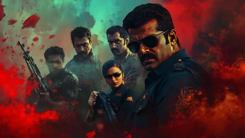 Armed tactical squad emerges through cinematic crimson smoke