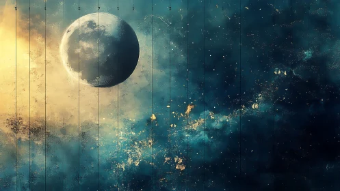 Textured cosmic vista renders cratered moon amid nebular glow