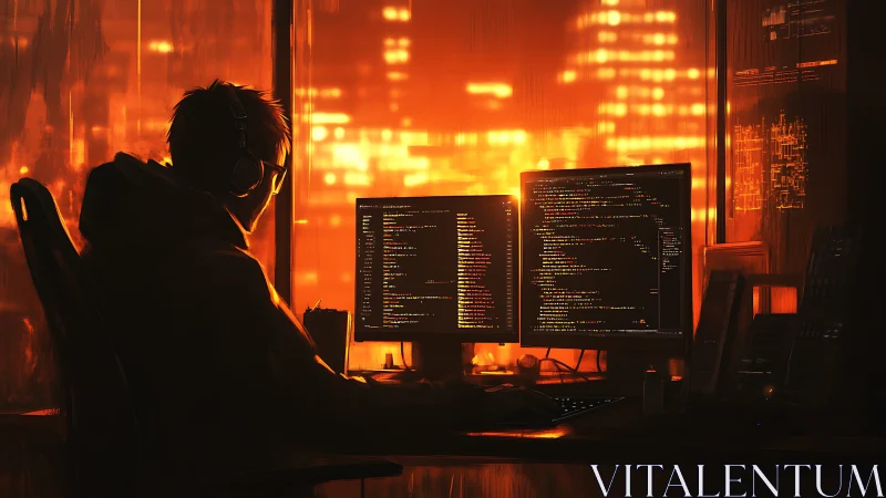 Midnight coder sculpting neon logic in ember-lit shadows.