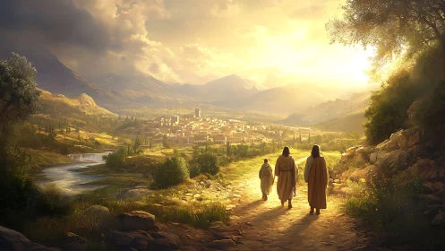 Sunlit pilgrims walking toward distant valley town at dawn.