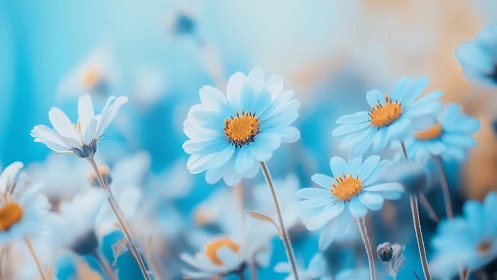 Daisy flowers with blue-white petals and orange centers.