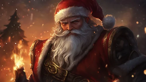 Battle-hardened Santa Claus in fiery winter scene.