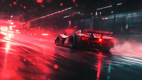 Red race car powers through wet neon lit night circuit.