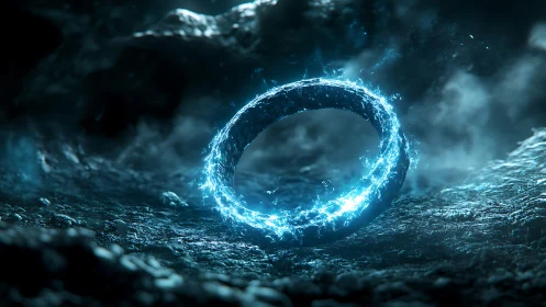 Luminescent energy ring in atmospheric sci fi cavern scene.