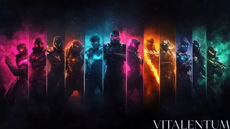 Neon armored heroes stand united in a cosmic spectrum of light.