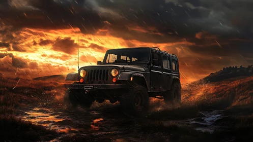 Off‑road utility vehicle under stormlit horizon in motion.