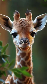Bright eyed baby giraffe sharing a gentle forest hello.