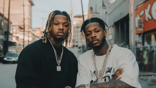 Urban duo portrait with streetwear styling and soft bokeh depth.