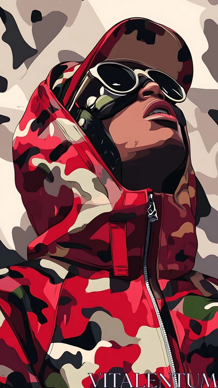 Hooded figure in red camouflage jacket and reflective goggles.