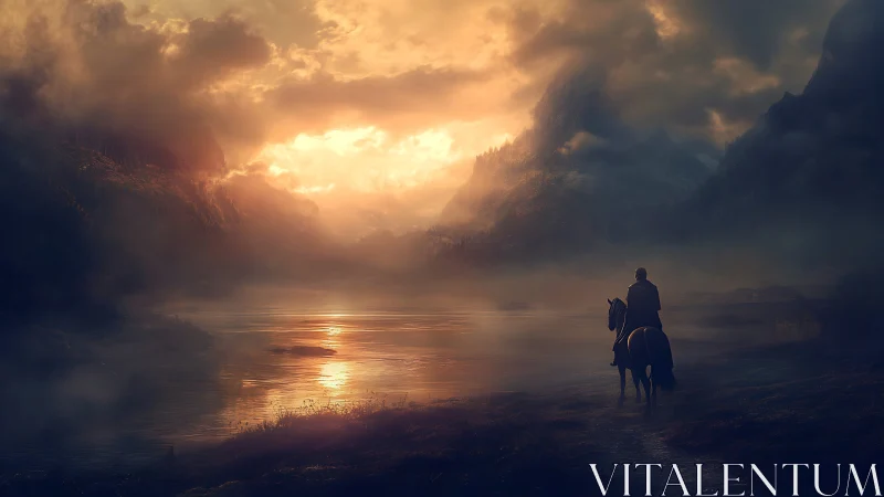 Lone rider on horseback faces glowing misty valley sunset.