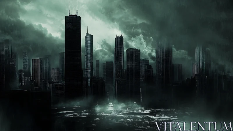 Storm-darkened futuristic city skyline rises through dense fog