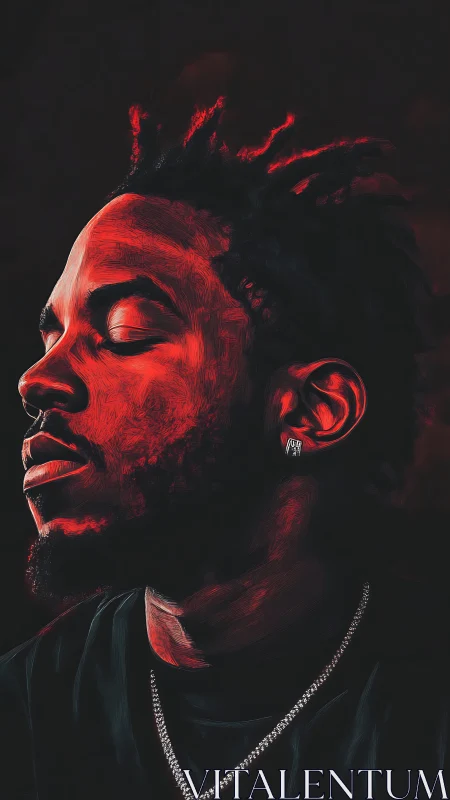 Digital painting portrait with red chiaroscuro side lighting.