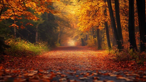 Autumn Forest Path Glowing Golden Light.