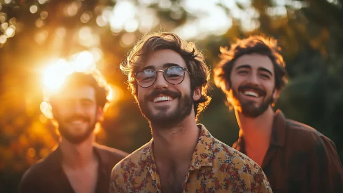 Sunlit trio of laughing friends in golden hour haze.