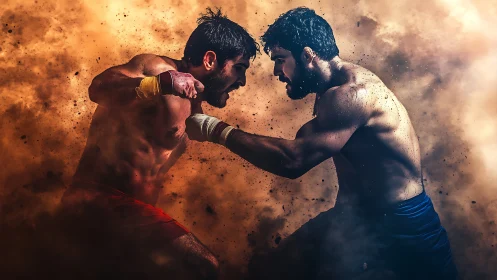 Two shirtless male fighters engaged in boxing match with dynamic pose.