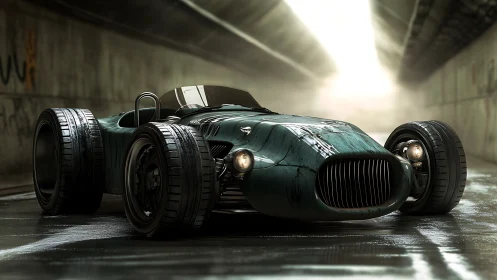 Futuristic teal race car rests in wet tunnel light