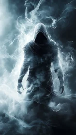 Hooded humanoid figure stands shrouded in swirling smoke