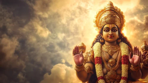 Radiant Hindu deity statue glows before luminous storm clouds