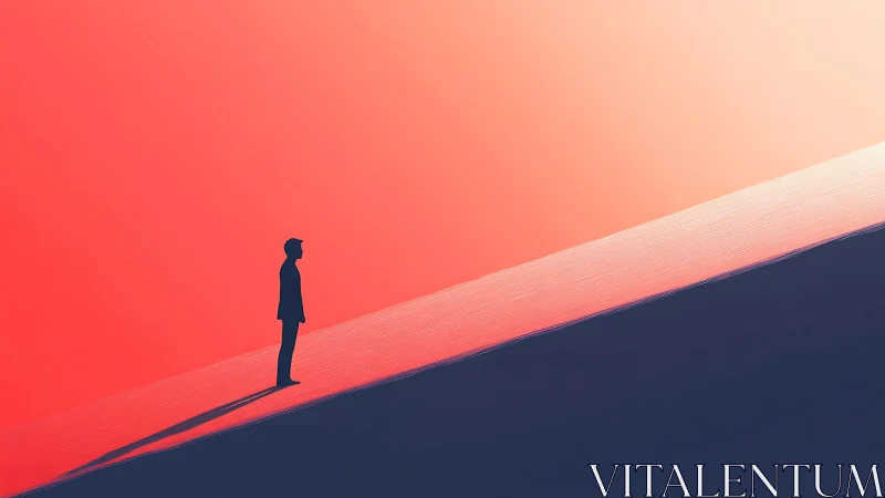 Solitary figure stands on inclined plane against gradient sky