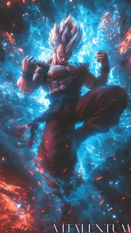 Celestial warrior ignites amid roaring neon blue stormfire.