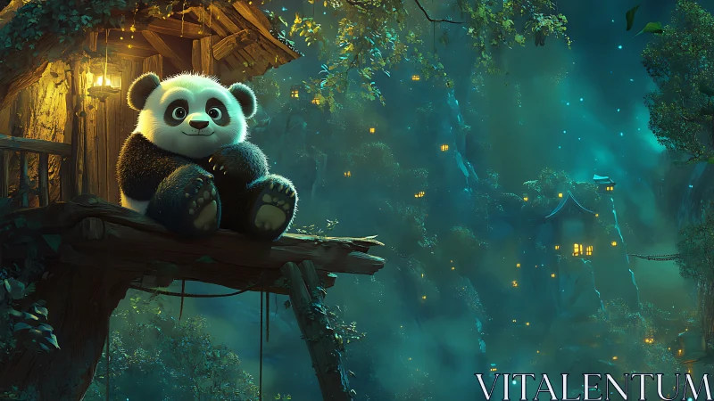 Digital painting of panda in luminous forest village at night.