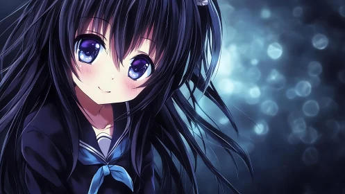 Smiling anime girl with dark hair against glowing bokeh