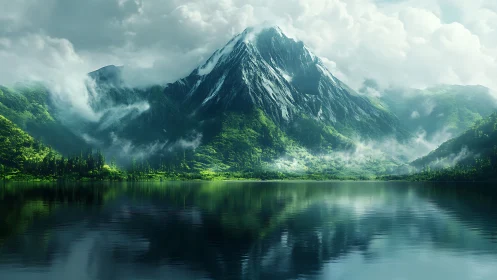 Verdant alpine massif mirrored in still mountain lake.