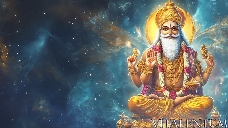 Cosmic seated deity with golden halo over starfield background.